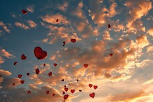 Heart-shaped Balloons Soaring Into The Sunset Sky, Each With A Handwritten Love Note Attached, Against A Backdrop Of Clouds.