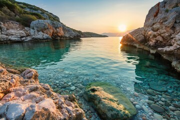 Wall Mural - Heart-shaped pebble beach with crystal-clear turquoise waters, surrounded by cliffs and a sunset horizon.