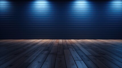 Wall Mural - wood floor with dark black wall with blue lighting