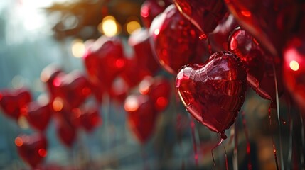 Canvas Print - A bunch of red heart shaped balloons are hanging from a string, AI