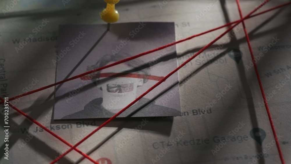 Close up shot of investigation board. Detective board with map of crime scene, pinned note with man face and red thread connecting clue proofs.