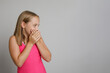 © millaf - Wow, shock and surprise concept. Surprised young girl portrait. Little kid posing on light gray studio background