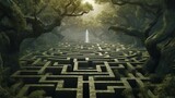 Fototapeta  - A maze in a forest with a tree in the middle (1) Ai Generative