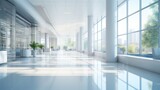 Fototapeta  - hall of modern office or medical institution in hospital, blurred background with trees and city