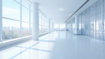 Wall Mural - hall of modern office or medical institution in hospital, blurred background with trees and city