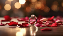 Diamond And Gold Engagement Wedding Ring Sits Atop A Reflective Table Surface Surrounded By Rose Flower Petals With Blurry Bokeh Ethereal Background