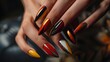 A woman's hands with colorful nails and a black, red, yellow and white striped manicure, AI