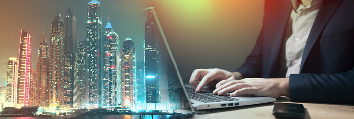 Poster - business man sitting in front of laptop working