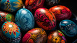 A close-up of elaborately painted Easter eggs.