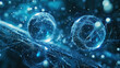 Quantum computing concept illustration of qubit entanglement. Two force field as sphere connected together by a stream of energy and data. Quantum computer background. Cyber security future