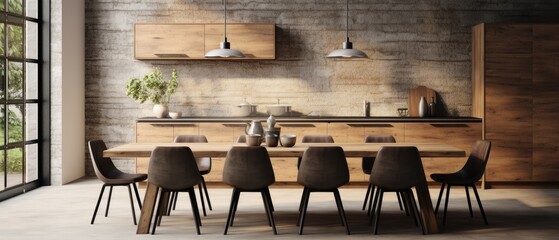 Wall Mural - large kitchen room with modern interior design with wood table and chairs for home against the background classic wall style, Generative AI