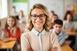 © sambath - Portrait of smiling teacher in a class at elementary school looking at camera with learning students on background, realistic, lighting