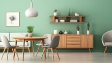 Mint Color Chairs At Round Wooden Dining Table In Room With Sofa And Cabinet Near Green Wall