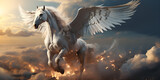 Fototapeta  - Majestic white horse with wings flying in the sky white horse free had wallpaper image featuring a digitally enhanced life-like avian illustration in the style of dark.AI Generative