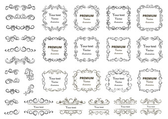 Wall Mural - Set of vector graphic elements for design. Decorative swirls or scrolls, vintage frames , flourishes, labels and dividers. Retro vector illustration