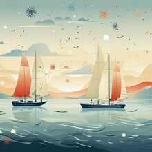 A Seaside-themed Pattern With Several Sailboats On It, In The Style Of Light Indigo And Red