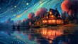 Stylized landscape houses rolling river at night Ai Generative