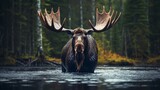 Fototapeta  - a moose is wading through a river in the woods