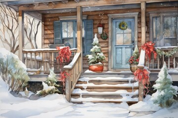 Wall Mural - Snowy Porch Scenes - Generative AI