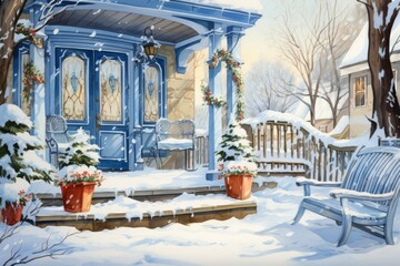 Wall Mural - Snowy Porch Scenes - Generative AI