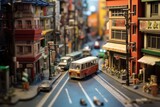 Fototapeta  - Tokyo Pulse: Street with Cars and Human Figures - Cityscape concept small toy scene with macro photo miniature of a bustling Tokyo street, alive with tiny toy cars and human figures.