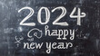 © Tony Baggett - Happy New Year date handwritten in a chalk writing text script on a wooden black chalkboard background for a calendar, poster or greeting card, stock illustration image