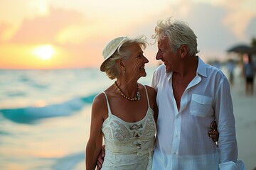 Wall Mural - photograph of senior couple walking on the beach, on vacation