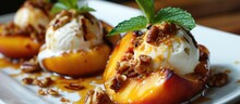 Grilled Peaches With Vanilla Ice Cream And Walnut = BBQ Peaches With Vanilla Ice Cream And Walnut