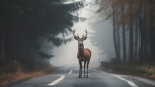 Deer Standing On The Road Near The Forest On A Misty, Foggy Morning. Road Hazards, Wildlife And Transport. Road Safety Alert. Deer On Foggy Morning Near Forest Cautioning Road Hazards.