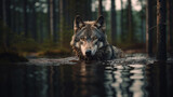 A wolf swimming in the water