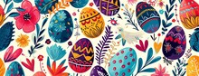 A Seamless Pattern Of Pastel-colored Easter Eggs And Spring Flowers Against A Soft Light Background. The Eggs Are Decorated With Delicate Floral Patterns  