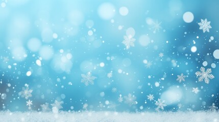 Falling snowflakes and Bokeh with white snow, blurry backdrop, light blue backround, winter snow, generative ai, high quality bokeh