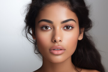 Poster - Beautiful young Indian woman takes care of her skin, posing over grey background