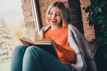 Poster - Portrait of positive nice girl covered blanket toothy smile sit window sill read book loft interior flat indoors