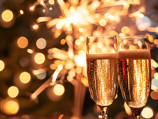 two glasses of champagne with fireworks, Generative AI