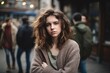 © MediaRaw - Portrait of young woman with long curly hair in the city.