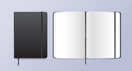 Black closed and open realistic notepad. Vector illustration