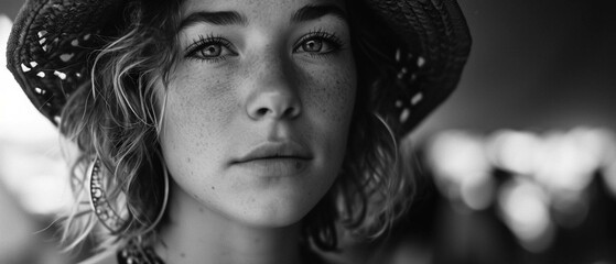 Sticker - black and white portrait of a woman in a hat