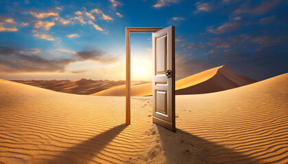 Wall Mural - Portal to the Unknown: 3D Illustration of an Opened Door in the Desert Landscape