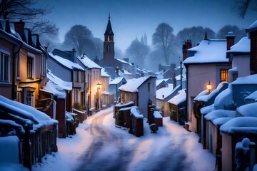 Sticker - An early morning winter scene in a quaint village. Snow blankets the rooftops and streets, untouched by footprints. 