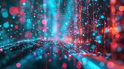Poster - Abstract particles in empty space with depth of field and bokeh effect. Futuristic background with depth of field and bokeh effect.