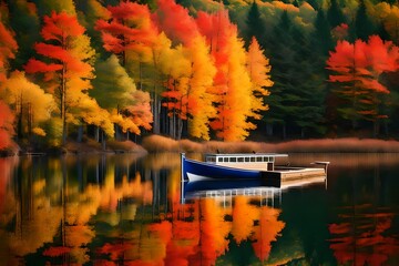 Sticker - A tranquil lake reflecting the vibrant colors of fall foliage, with a small wooden dock and a canoe resting beside it
