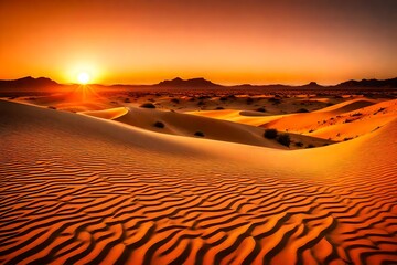 Poster - A desert landscape with towering sand dunes and a blazing orange sunset in the distance