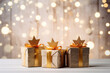 Three Kings day, Dia de los Reyes Magos, Epiphany day background. Three present gift boxes decorated with shiny golden crowns standing on table with pastel bokeh background