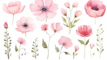  A Bunch Of Pink Flowers That Are Painted In Watercolor And Have Green Leaves On Each Side Of The Flowers.