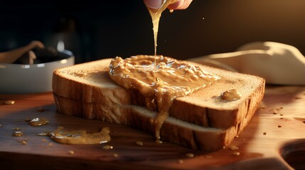 Toast with peanut butter and honey on a wooden board, closeup