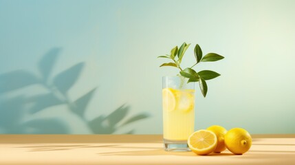  a glass of lemonade with a green sprig in it next to two lemons on a table.