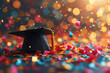 A mortarboard in focus against a confetti-strewn backdrop, capturing the festive spirit of graduation and the culmination of hard work.