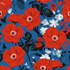 Vibrant seamless floral pattern with bright red and blue flowers