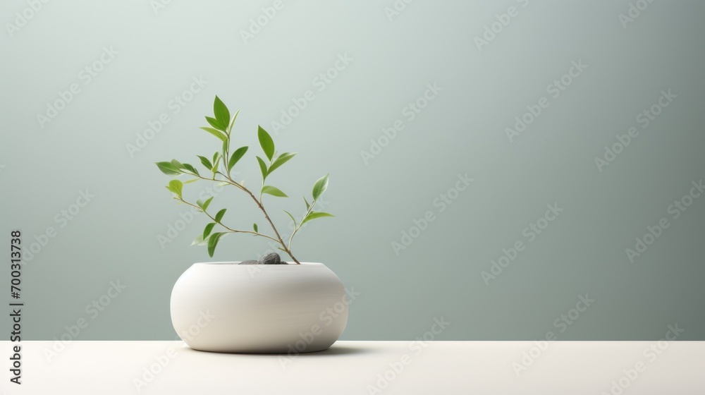 a white vase with a plant in it on a table with a light green wall ...